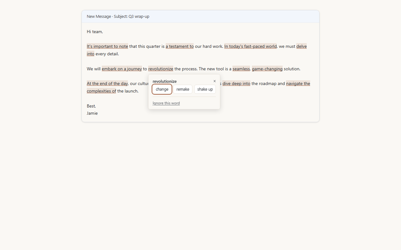 One-click cliché replacement in a draft.